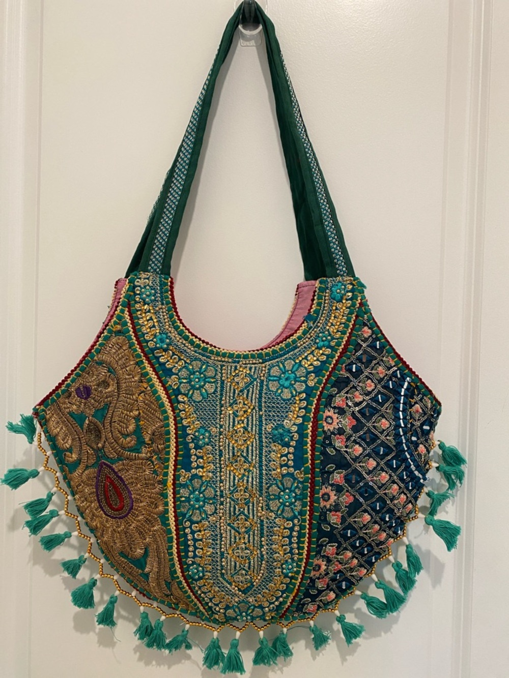 Embroidered Boho Tote Bag in Teal
